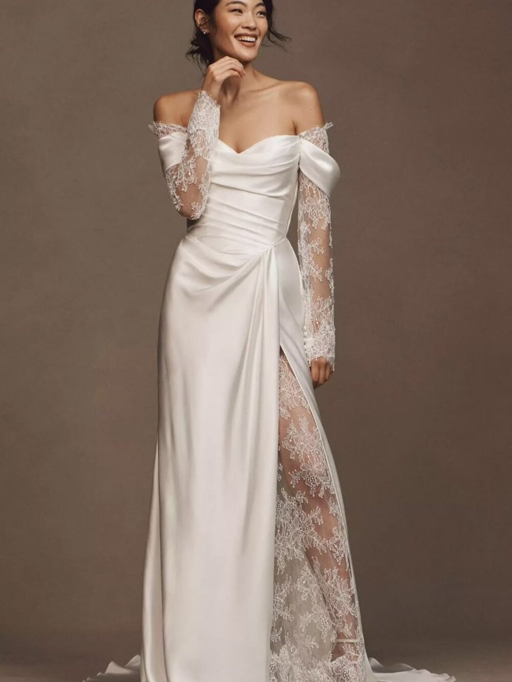 Watters Harlow Wedding Gown Off-The-Shoulder Satin & Lace Size 4 NEW